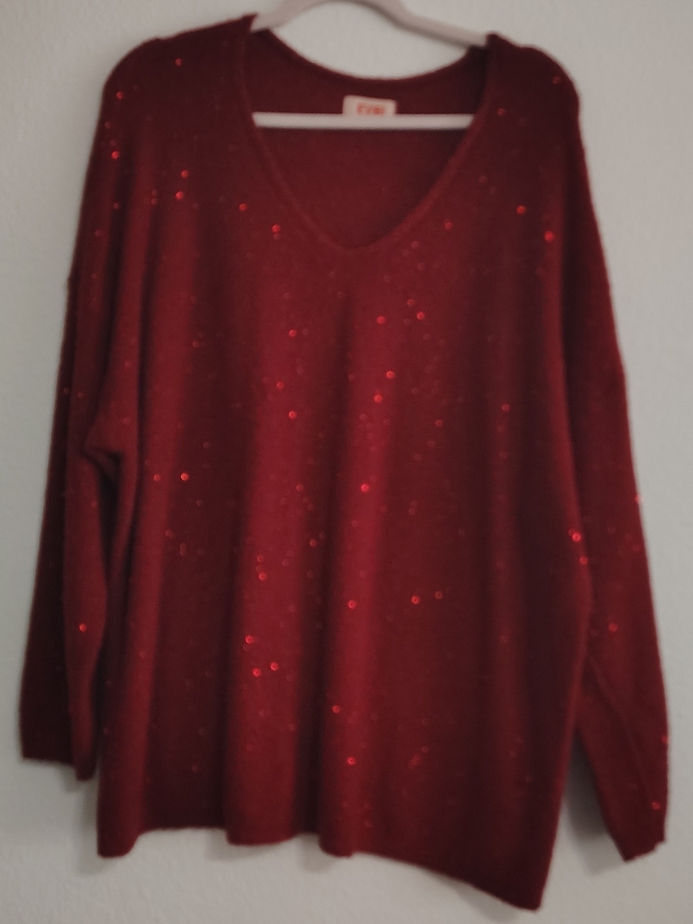 EVRI Red V-Neck Sequin Knit Sweater